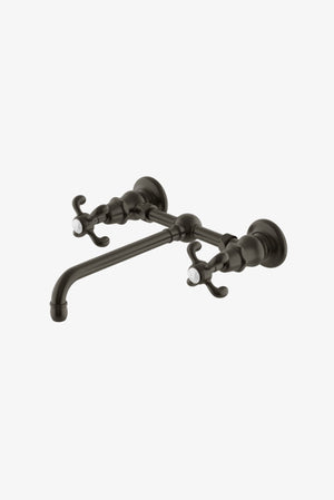 Waterworks Etoile Low Profile Two Hole Wall Mounted Lavatory Faucet (Straight Spout) with Metal Cross Handles in Dark Brass