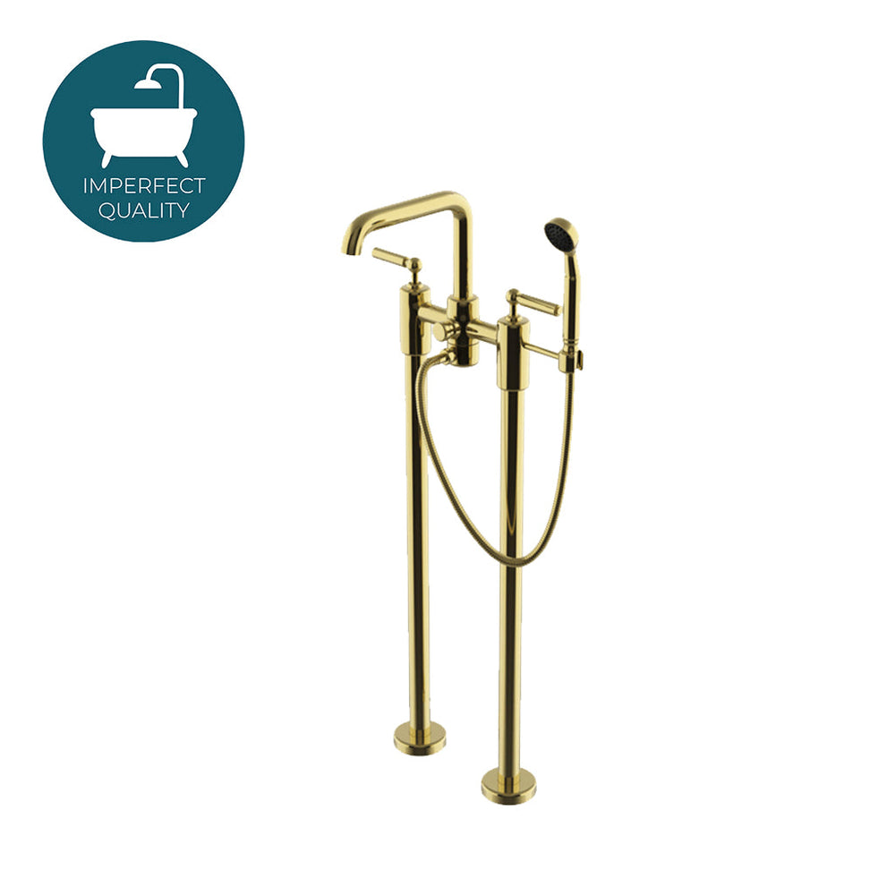 Waterworks Ludlow Floor Mounted Exposed Tub Filler with Handshower and Lever Handles in Brass