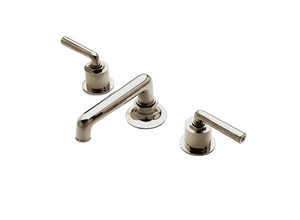 Waterworks Henry Low Profile Three Hole Deck Mounted Lavatory Faucet with Metal Lever Handles in Pewter