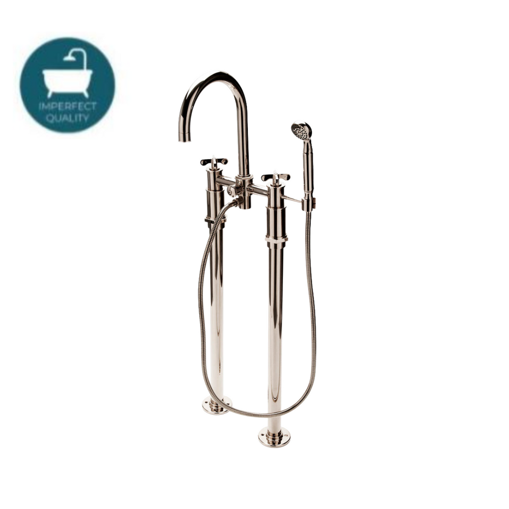 Waterworks Henry Exposed Floor Mounted Tub Filler With Handshower and Metal Cross Handles in Nickel