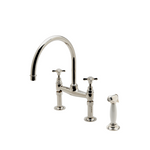 Waterworks Easton Vintage Two Hole Bridge Gooseneck Kitchen Faucet, Metal Cross Handles and White Porcelain Spray in Dark Nickel