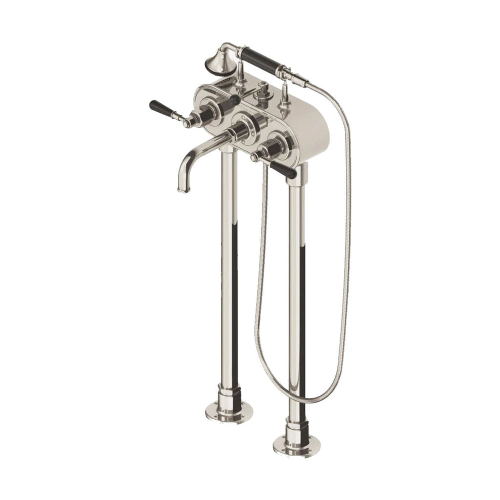 Waterworks Regulator Exposed Floor Mounted Tub Filler with Handshower and Black Lever Handles in Chrome