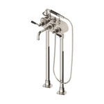 Waterworks Regulator Exposed Floor Mounted Tub Filler with Handshower and Black Lever Handles in Chrome