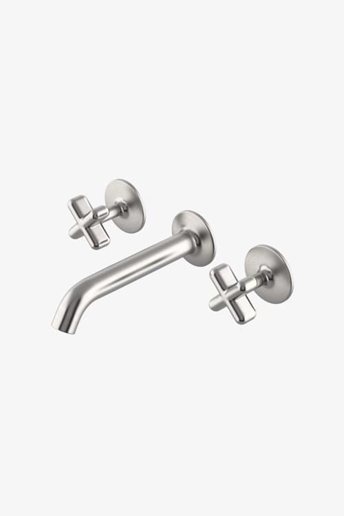 Waterworks .25 Low Profile Three Hole Wall Mounted Lavatory Faucet with Metal Cross Handles in Chrome