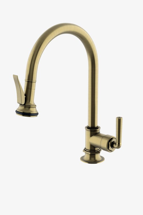 Waterworks Henry Gooseneck Kitchen Faucet with Pull-Down Spray and Metal Lever Handle and in Antique Brass
