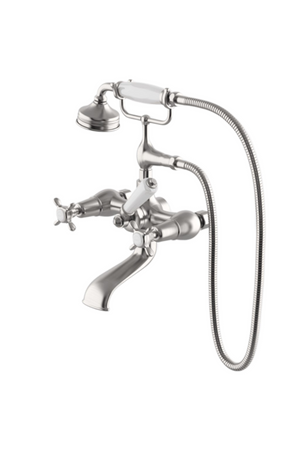 Waterworks Easton Classic Exposed Tub Filler, White Porcelain Handshower and Lever Diverter with Metal Indices in Matte Nickel