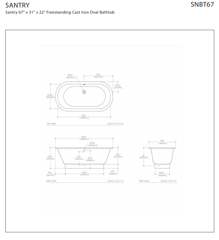 Waterworks Santry 67" x 31" x 22" Freestanding Cast Iron Oval Bathtub